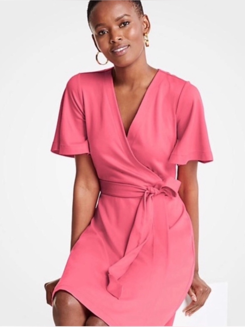 Ann Taylor Wrap Front Pink Dress with Tie Waist